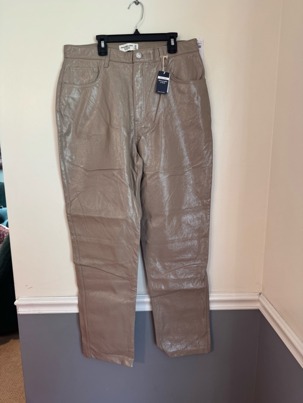 Abercrombie & Fitch Taupe Glossy Faux-Leather High Rise Pants